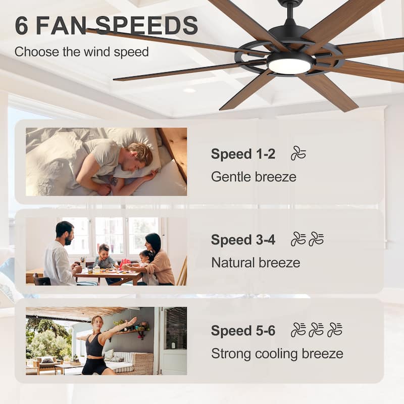 72" Large Ceiling Fan with 3CCT Dimmable LED Light and Remote(8 Reversible Blades）