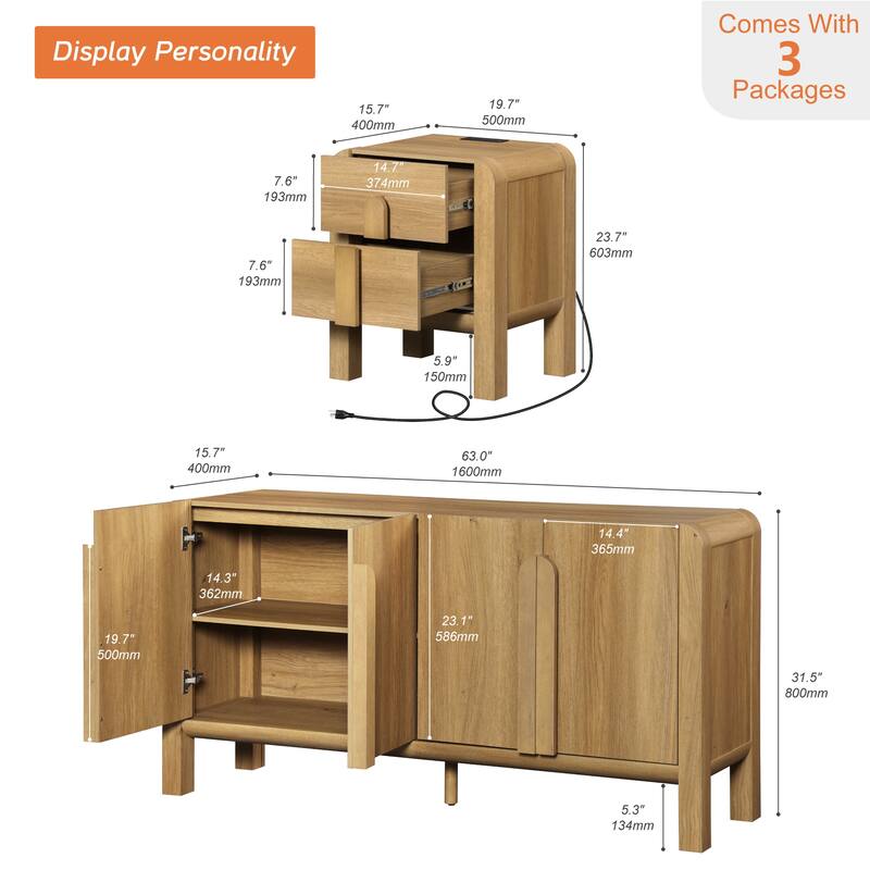WAMPAT 3 Pcs Bedroom Set,Mid Century Dresser And Nightstand Sets For Bedroom, Night Stand Set Of 2, Modern Dresser