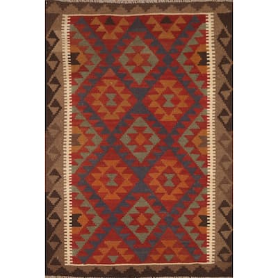Geometric Kilim Oriental Area Rug Hand-woven Wool Foyer Carpet - 3'3" x 4'11"
