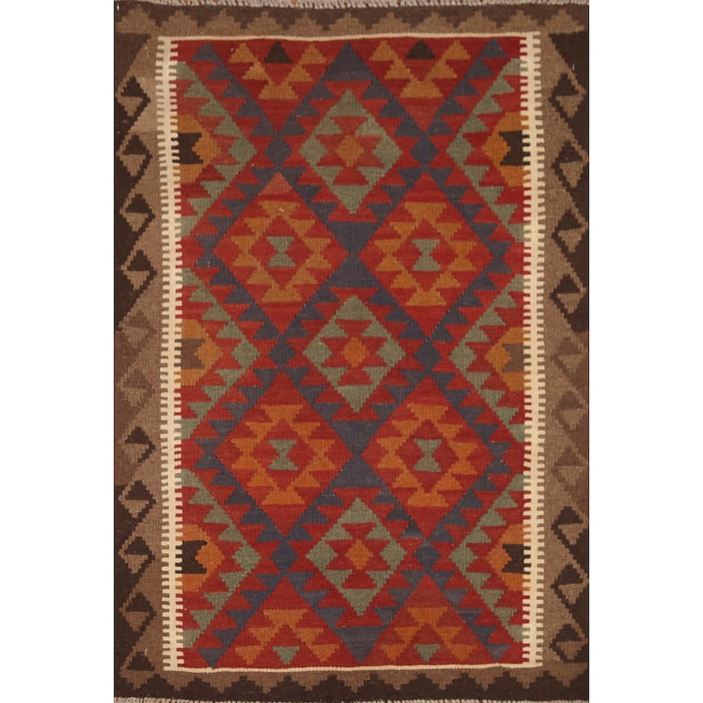 Geometric Kilim Oriental Area Rug Hand-woven Wool Foyer Carpet - 3'3" x 4'11"