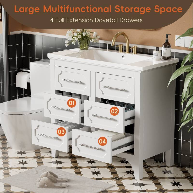 36'' Bathroom Vanity with Resin Sink Combo, Free Standing Solid Wood Frame Bathroom Vanity Cabinet with 4 Storage Drawers