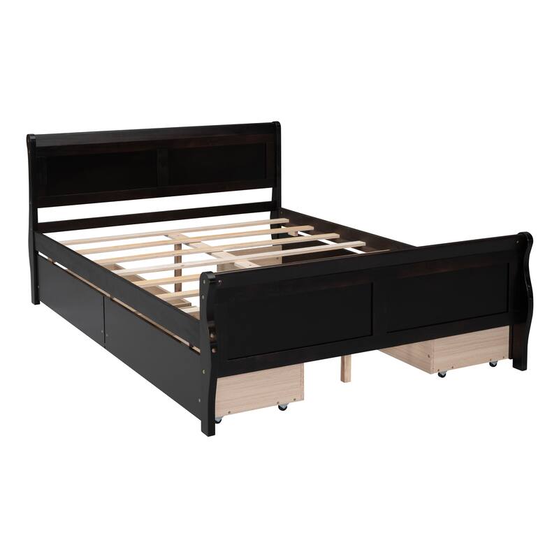 Wood Platform Bed with 4 Drawers and Streamlined Headboard & Footboard