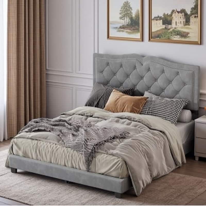 Queen Size Velvet Upholstered Platform Bed with Tufted Headboard and Rivet Accents, Modern Design, Gray - Gray - Queen