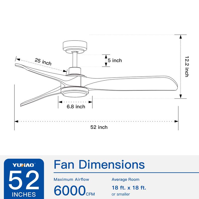YUHAO SylvanAir Modern 52 in. Flush Mount Outdoor/Indoor Ceiling Fan with 3 Solid Wood Blades and DC Reversible Motor