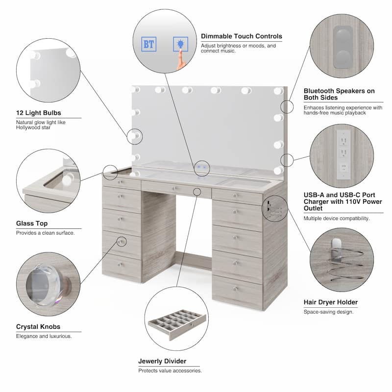 Makeup Vanity Desk, Glass Top, 12 LED Lights BT Speakers & 11 Drawers