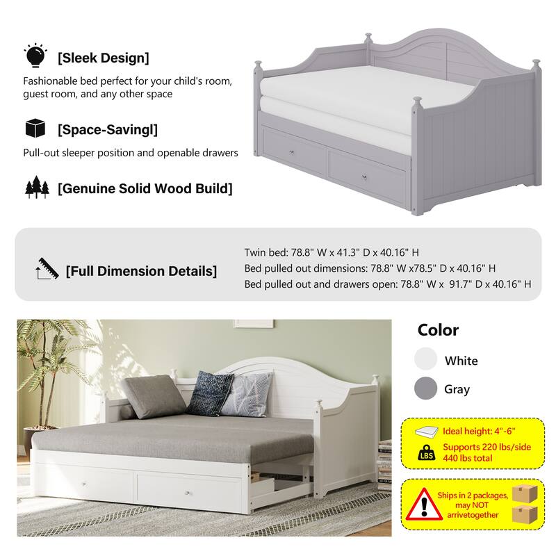 Wooden Daybed with 2 Storage Drawers, Twin Size Storage Platform Bed - Twin Size Extendable Day-bed Pop-up Trundle Bed, Sofa Bed