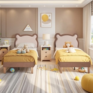 VECELO Set of 2 Bear Ear Twin Beds Light Brown Adjustable