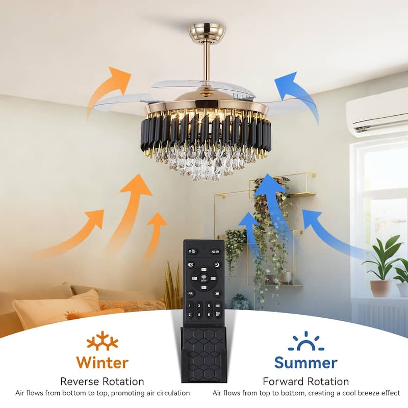 48" Crystal Fandelier Ceiling Fan with Light and Retractable Blades LED Dimmable for Bedroom Living Room - 48 Inches