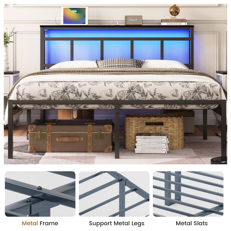 14 Inch Queen/Full/Twin Metal Platform Bed Frame with Storage Headboard, USB-C & LED Light