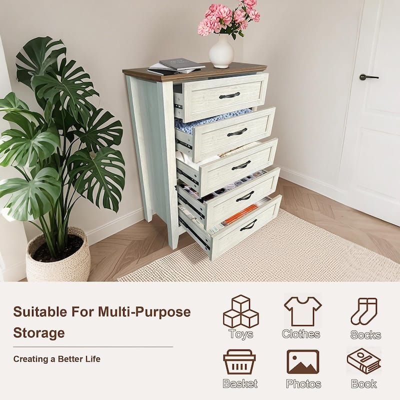 5 Drawers Dresser for Bedroom, Wood Tall Chset of Drawers, Farmhouse Dresser Chests with Metal Handle for Bedroom,Living