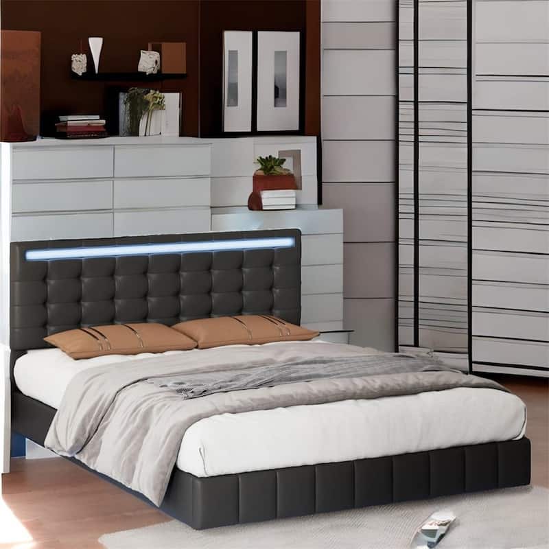 Full Size Floating Bed Frame with LED Lights and USB Charging
