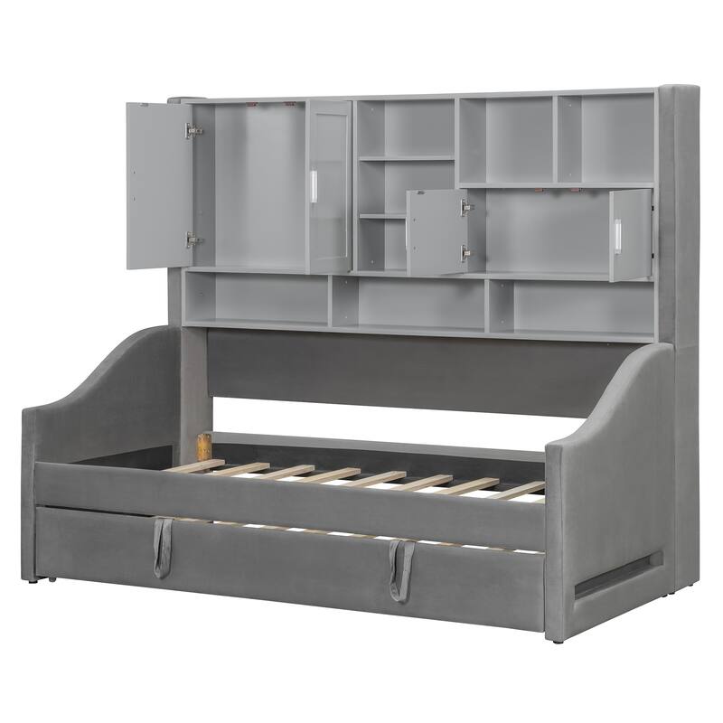 Twin Size Daybed with Storage Shelves, Upholstered Daybed with Lift-Up Trundle Bed Ergonomics Armrest Storage Cabinets LED Light