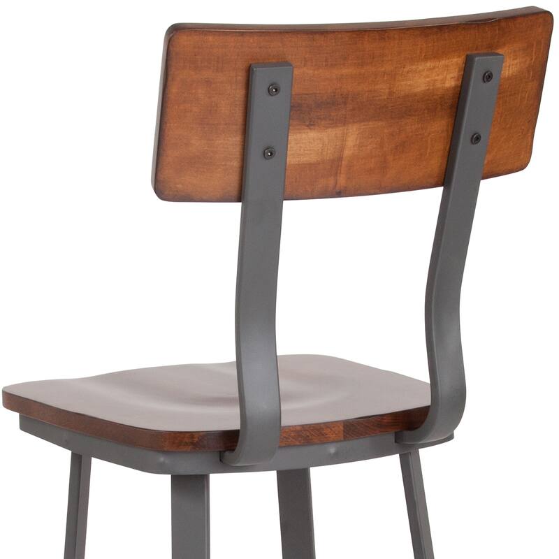Rustic Walnut Restaurant Barstool with Wood Seat & Back & Gray Powder Coat Frame - 16.25"W x 22.75"D x 45"H