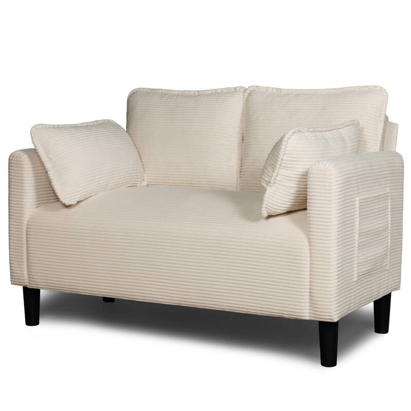 Beige 2-Seater Sofa with Side Pocket, Minimalist Living Room Loveseat Two-Seat Sofa Couch with Wood Frame