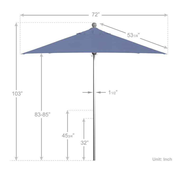 California Umbrella 6' Sq. Aluminum Frame, Fiberglass Rib Patio Umbrella, Push Open, Anodized Sliver Finish, Sunbrella Fabric