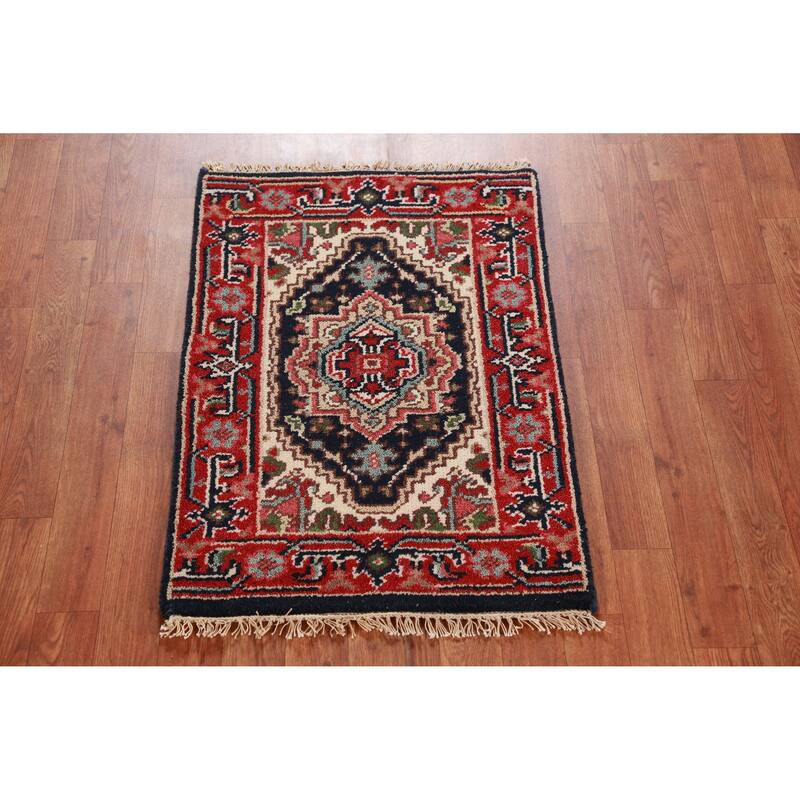 Hand Knotted Oriental 100% Wool Carpet Traditional Medallion Navy Blue & Blues Heriz (serapi) Area Rug - 3' 0'' X 2' 0''