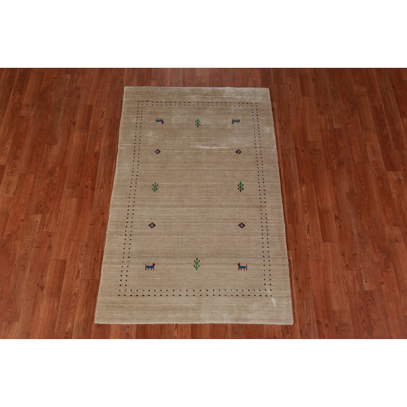 Hand Knotted Oriental 100% Wool Carpet Tribal Animal Pictorial Beige & Ivories Gabbeh Area Rug - 4' 10'' X 3' 0''