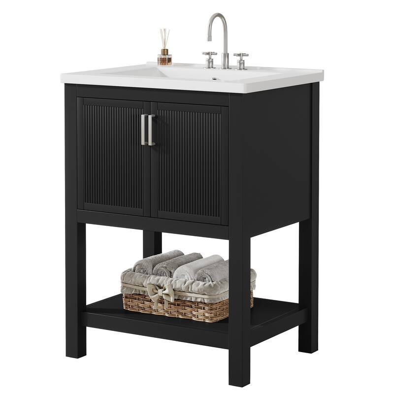 24" Single Bathroom Vanity with Ceramic Sink, Solid Rubberwood Frame & Open Storage Shelf