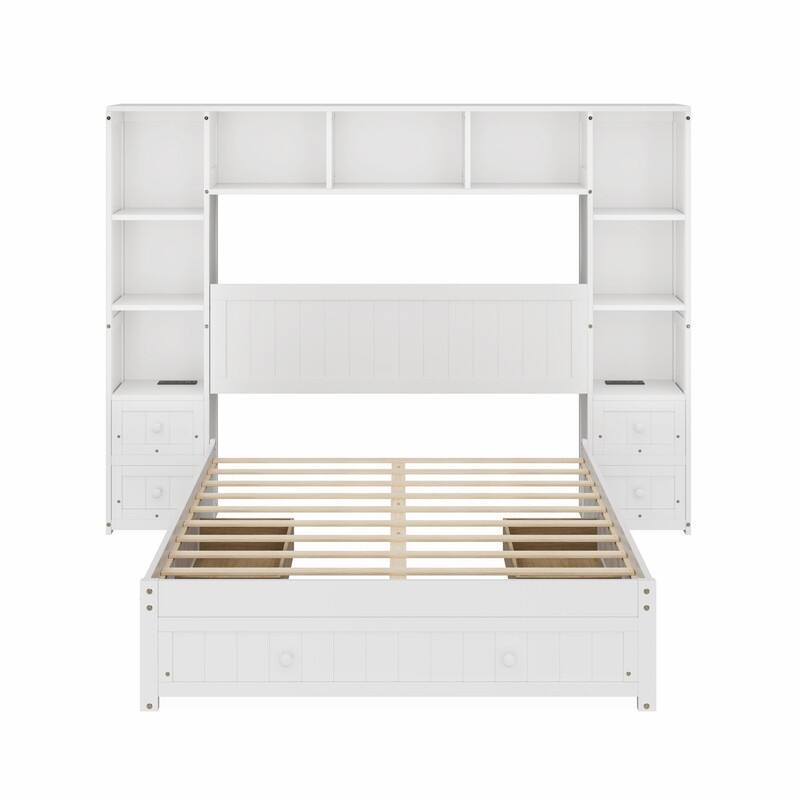 Full/Queen Size Platform Bed w/All-in-One Storage Cabinet, Multi-Functional Captain Bed w/Drawers, 2 Charging Stations & Shelves