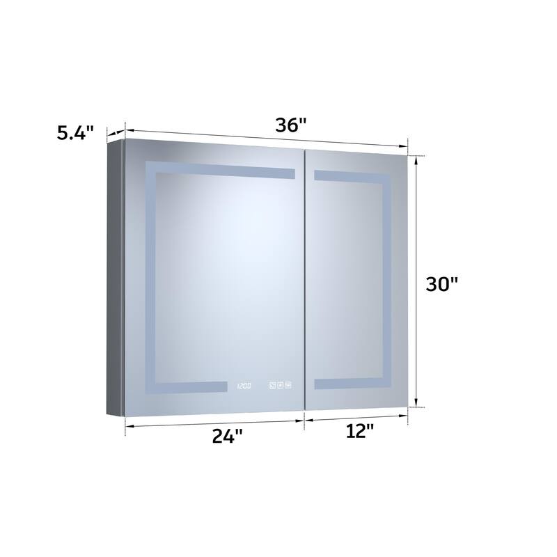 Rectangular Aluminum Recessed/Surface Mount Medicine Cabinet in Silver with Mirror LED and Clock