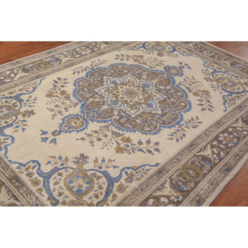 Tabriz Persian Rug Hand-Knotted Traditional Beige Wool Carpet - 6'5"x 9'4"