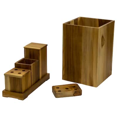 8 Piece Teak Wood Fully Assembled Bathroom Amenities Accessories Set