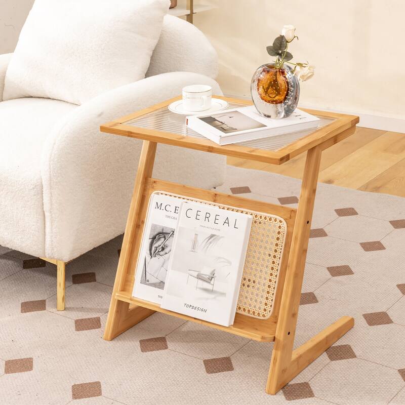 Gymax Z-shaped End Table Glass Top Bamboo Side Table w/ Magazine Rack