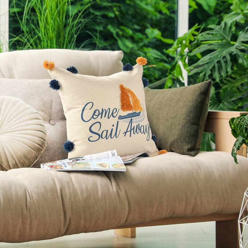 Handwoven Come Sail Away Outdoor Throw Pillow Cover - 18" - Cream and Orange