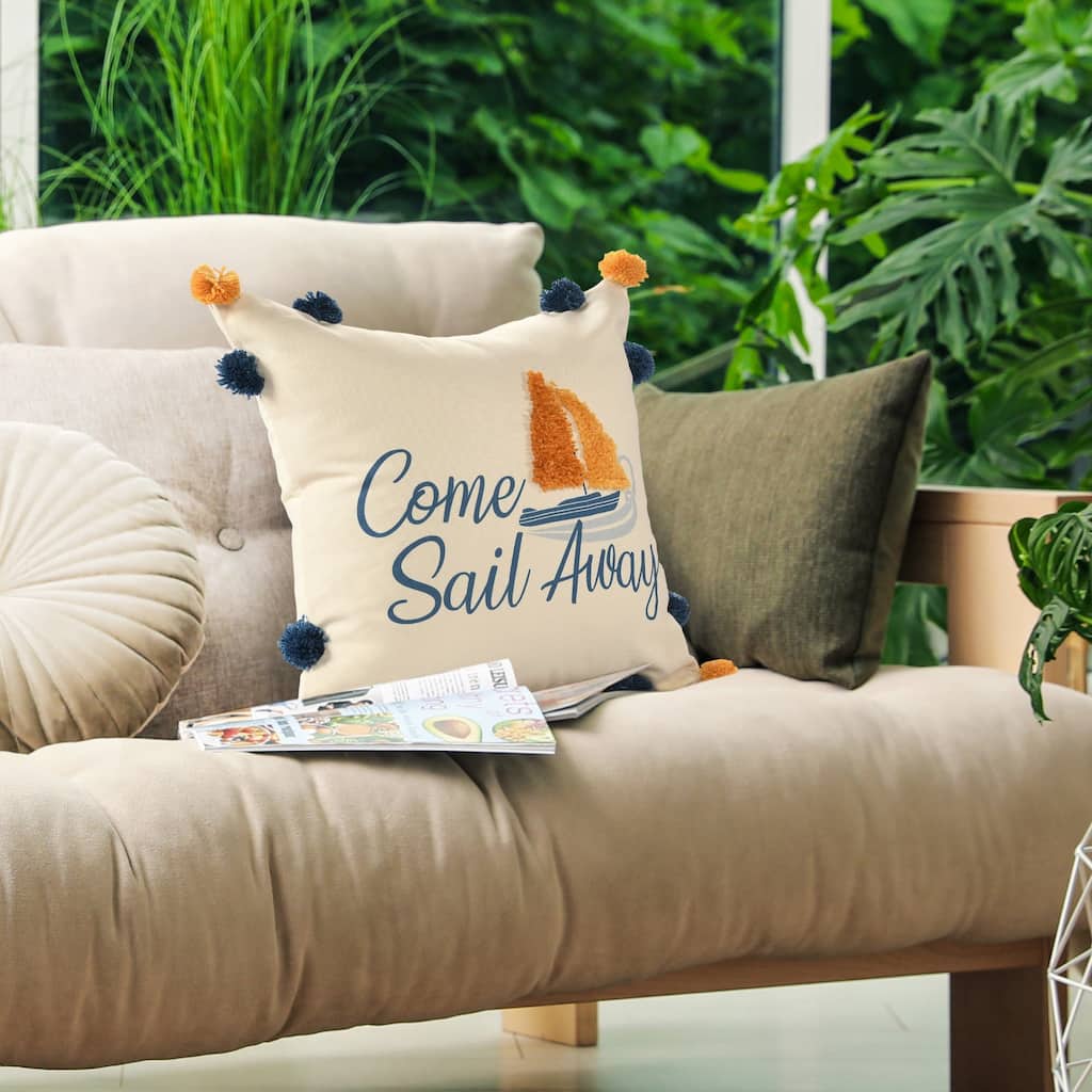 Handwoven Come Sail Away Outdoor Throw Pillow Cover - 18" - Cream and Orange