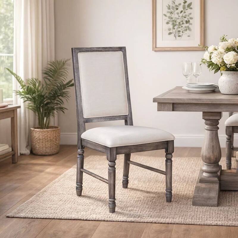 Linen Upholstered Wooden Side Chair with Turned Legs, Gray, Set of Two