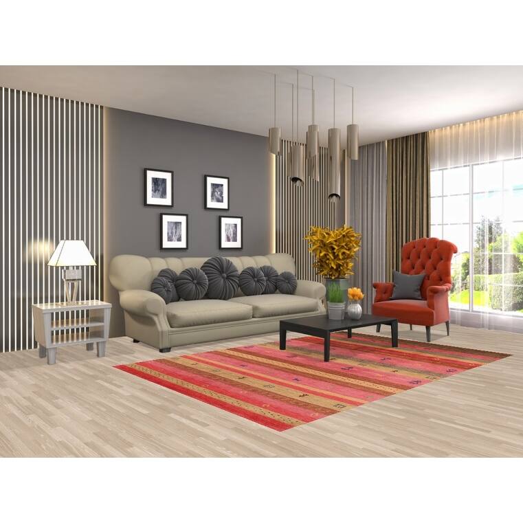 Little Animals Striped Gabbeh Indian Area Rug Hand-Knotted Wool Carpet - 5'3"x 7'10"