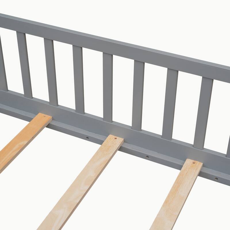 Pine Wood Floor Platform Bed with Fence and Door