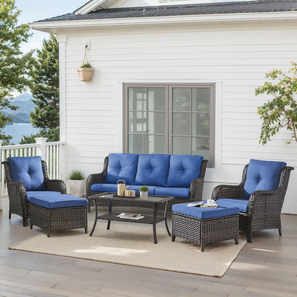 Outdoor Patio Chairs with Sofa Ottoman Brown-Blue - Brown