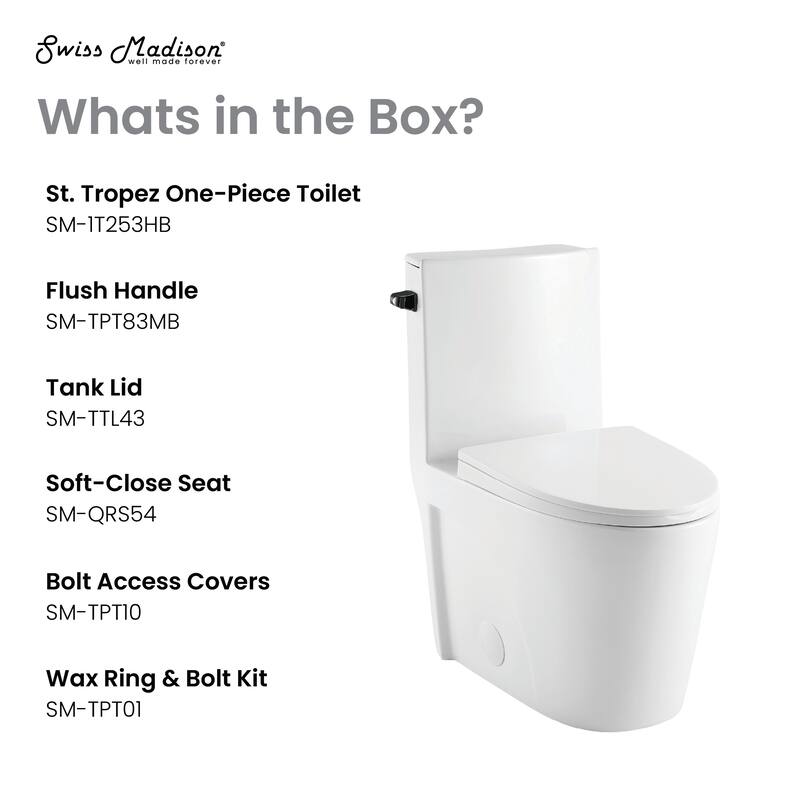 Angers One Piece Elongated Toilet Side Flush 1.28 Gpf With Black Hardware - 27.35" x 15.75" 30.3"