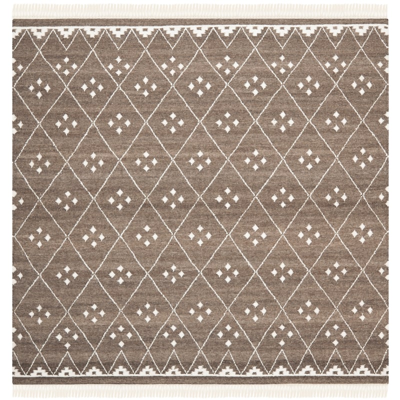 SAFAVIEH Handmade Natural Kilim Akmaral Wool Rug with Fringe - 7' Square - Brown/Ivory