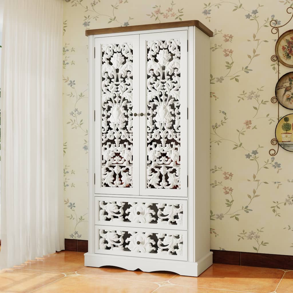 Carved Wood Storage Cabinet with Drawers,Tall Pantry Cupboard with Decorative Doors, Solid Wood Top, 243 lbs Weight Capacity