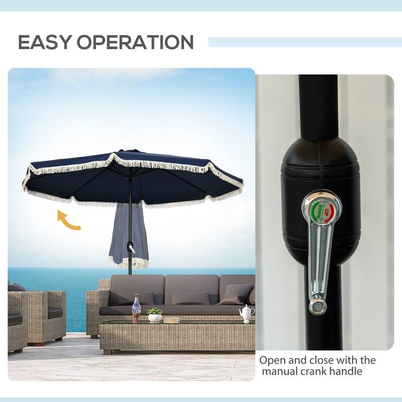 Outsunny 9ft Patio Umbrella with Push Button Tilt and Crank, Ruffled Outdoor Market Table Umbrella with Tassles and 8 Ribs