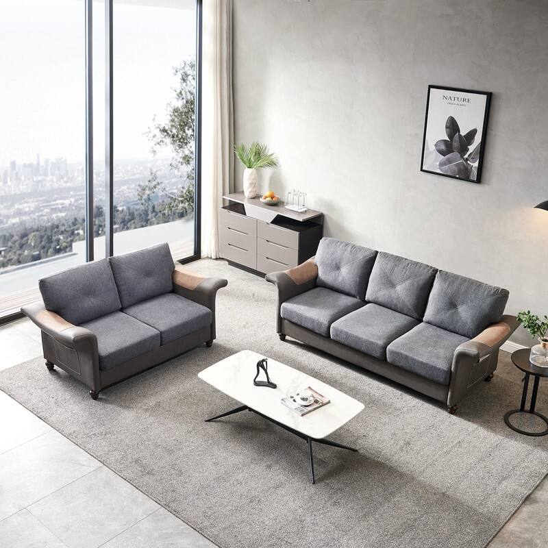 Linen Fabric Faux Leather Sofa with Two Removable Storage Boxes