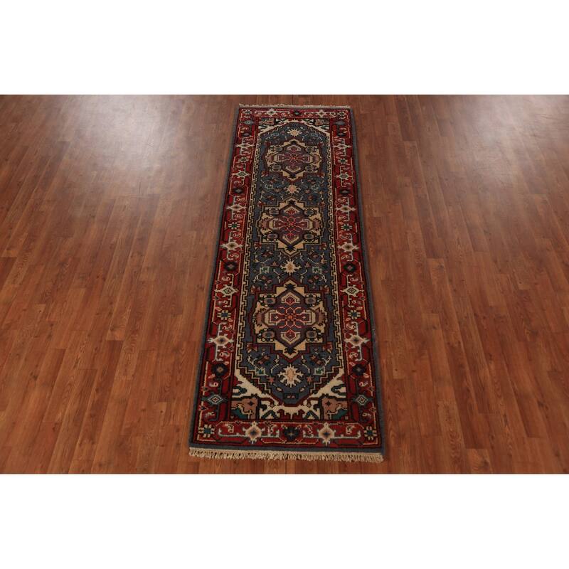 Blue Geometric Heriz Serapi Runner Rug Hand-Knotted Wool Carpet - 2'7"x 7'10"