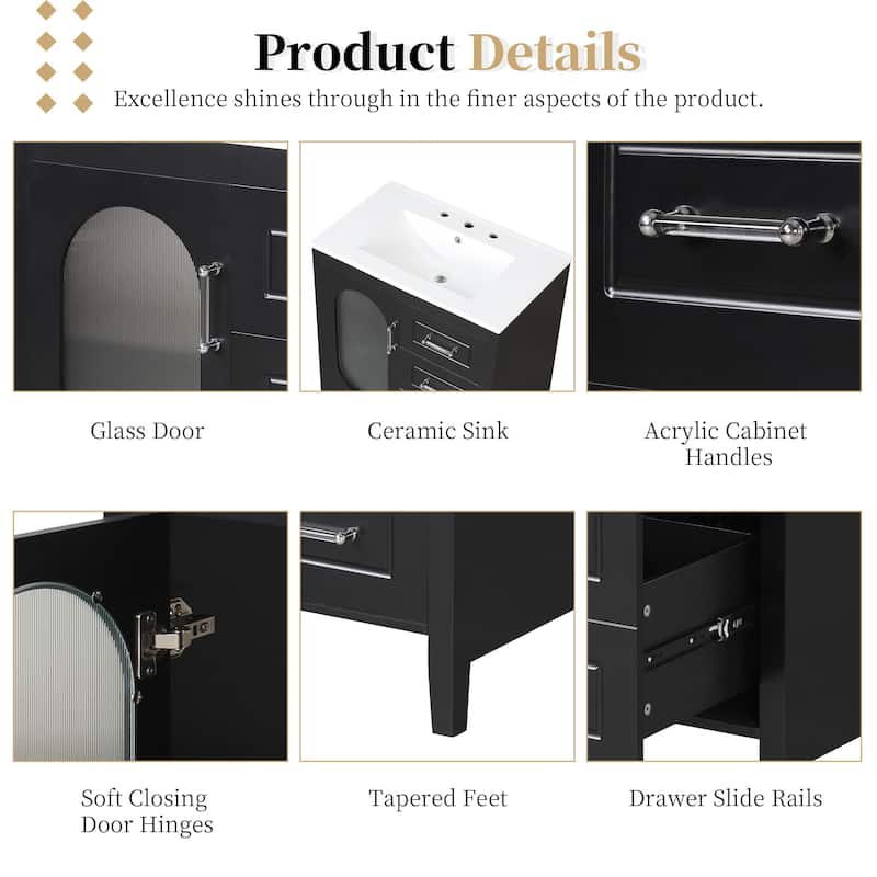 Modern Bathroom Storage Cabinet Vanity with Oval Hazy Glass Door, Acrylic Handles, 2 Different Size Drawers and Adjustable Shelf