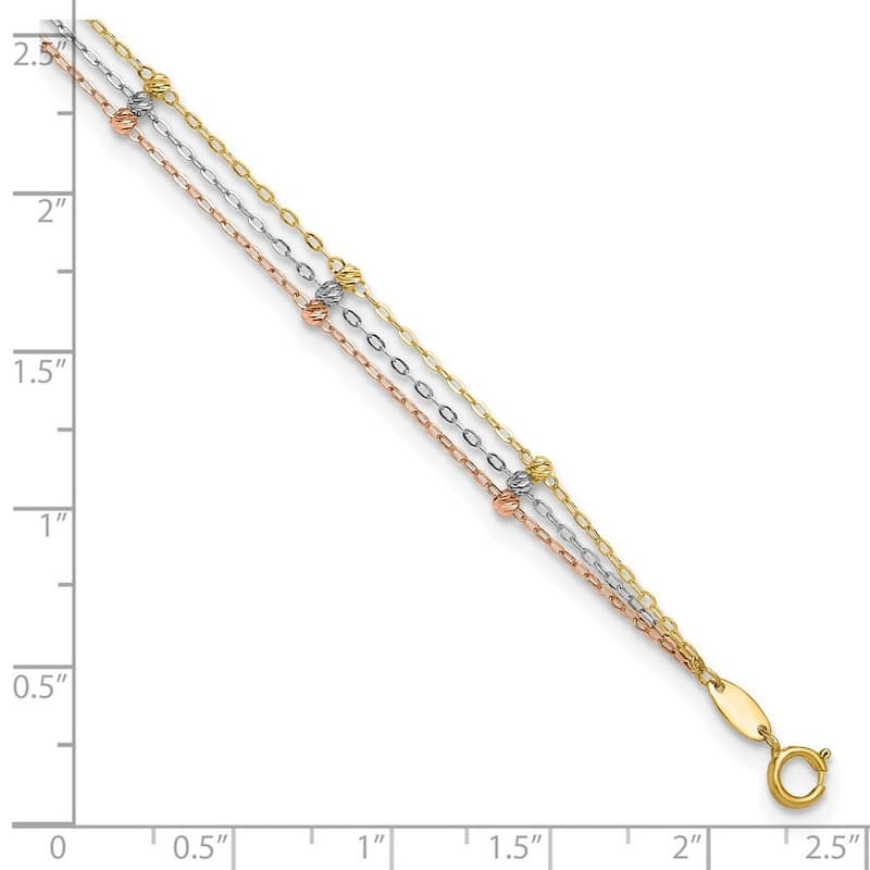 Curata Women's 14k Tri-color 3-strand Diamond-Cut Beaded Anklet - 10 Inch