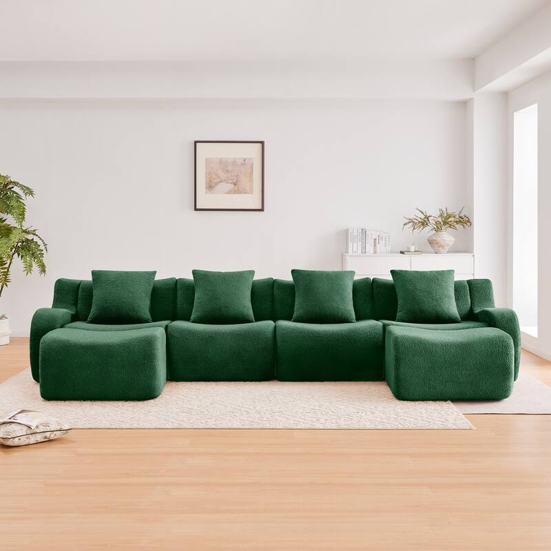 118" Modern U Shaped Modular Sectional Sofa, Boneless Couches for Living Room with Ottoman, 4 Seater Teddy Fabric Couch Sofa Set