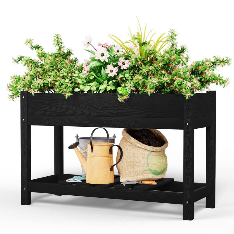 HDPE Double Layer Design Outdoor Planter With Wheels - Black