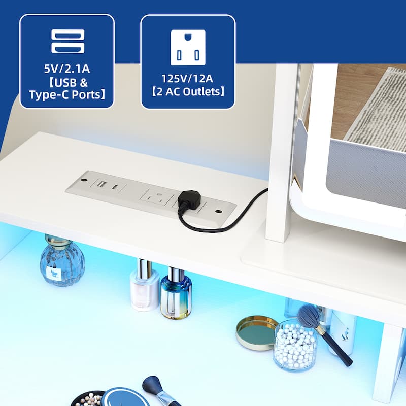Moasis Vanity Desk with Mirror & Lights, Cream White Makeup Table Set with Stool - 31.5'' W X 21.5''D X 30''H