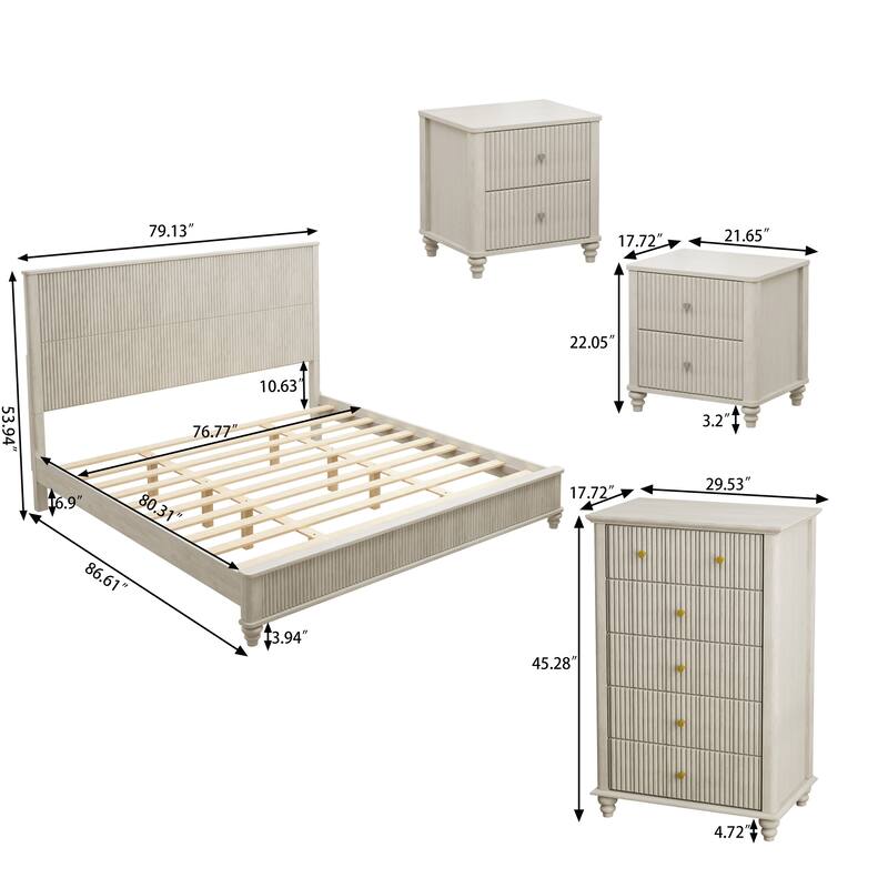 Bedroom Set with Wooden Platform Bed and Nightstands