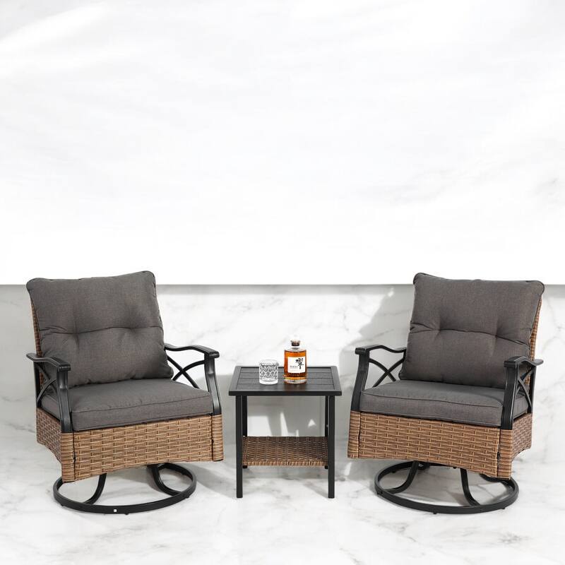 3-Piece Outdoor Swivel Rocker Set - Rocker Chairs with Cushions & Glass Table for Patio, Garden, or Balcony - Brown+Gray