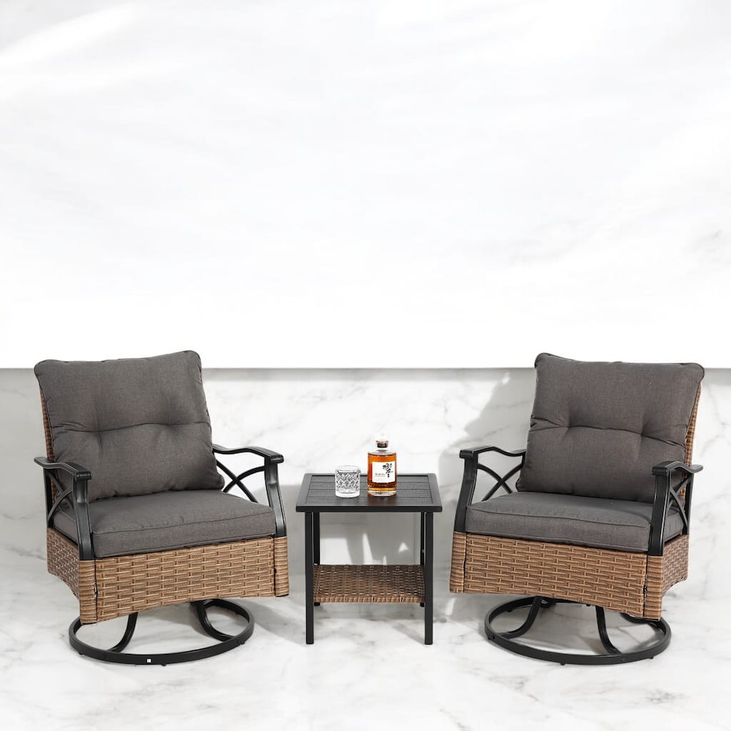3-Piece Outdoor Swivel Rocker Set - Rocker Chairs with Cushions & Glass Table for Patio, Garden, or Balcony