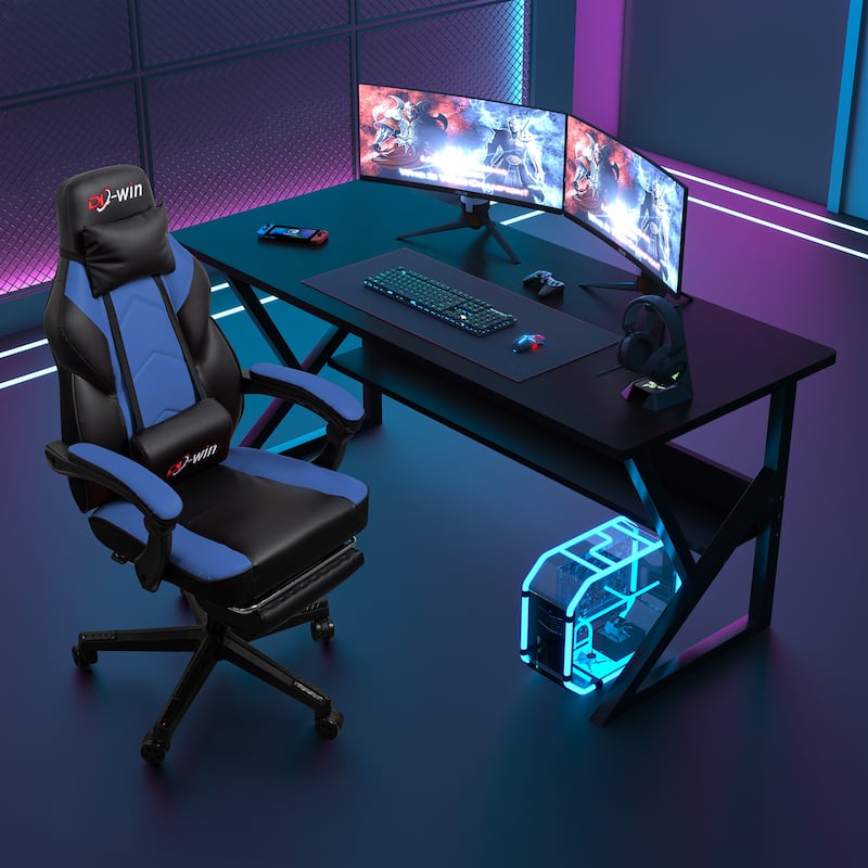 Futzca Gaming Chair PU Leather Office Chair with Headrest, Footrest & Massage Lumbar Support