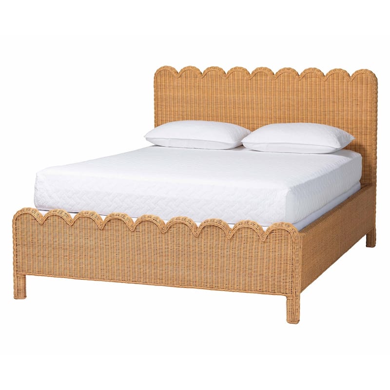 Maritza Scalloped Natural Rattan Bed Frame - Handwoven Wicker Headboard and Footboard with Decorative Edge Detail, Boho Coastal - Light Honey - Queen