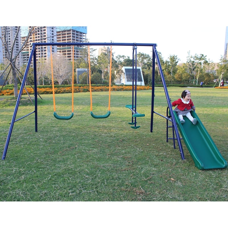 Blue Frame Metal Swing Set and Slide for kids